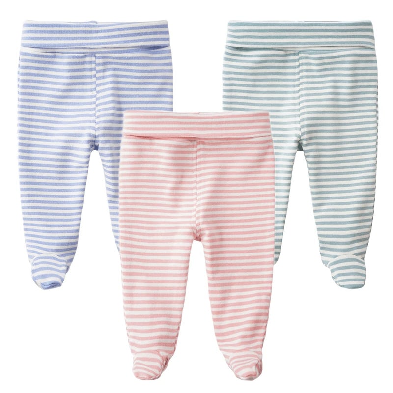 Teach Leanbh Infant Baby 3 Pack Footed Pants Cotton High Waist Casual Leggings (6 Months, C) - Image 1